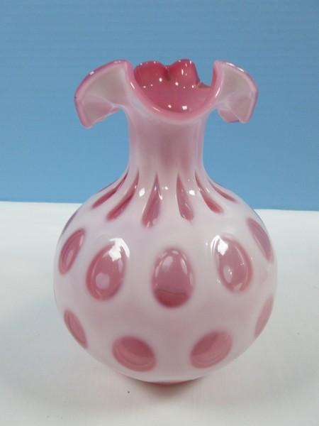 Fenton Vintage Art Glass Opalescent Cranberry Coin Dot 7" Pitcher w/Applied Clear Handle