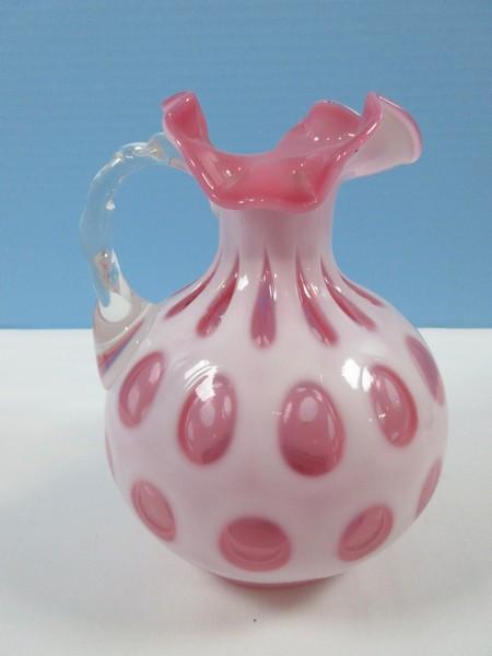 Fenton Vintage Art Glass Opalescent Cranberry Coin Dot 7" Pitcher w/Applied Clear Handle