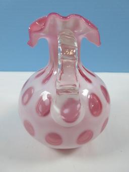 Fenton Vintage Art Glass Opalescent Cranberry Coin Dot 7" Pitcher w/Applied Clear Handle