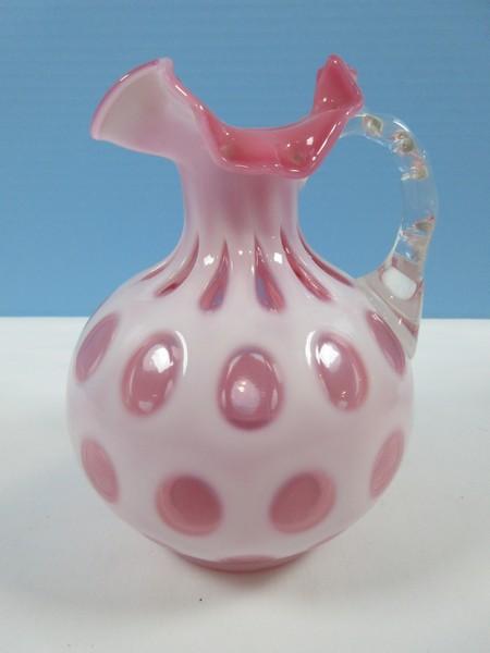 Fenton Vintage Art Glass Opalescent Cranberry Coin Dot 7" Pitcher w/Applied Clear Handle