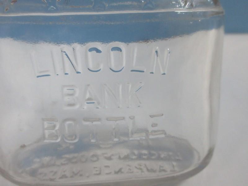 Vintage Lincoln Foods, Inc. Pressed Glass 10" Figural Lincoln Bank Bottle w/Slot Cap