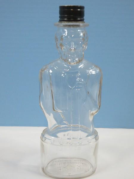 Vintage Lincoln Foods, Inc. Pressed Glass 10" Figural Lincoln Bank Bottle w/Slot Cap