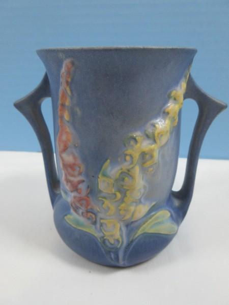 Roseville Pottery Foxglove Pattern 42-4" Vase Delicate Spikes of Foxglove Flowers Blue Back-