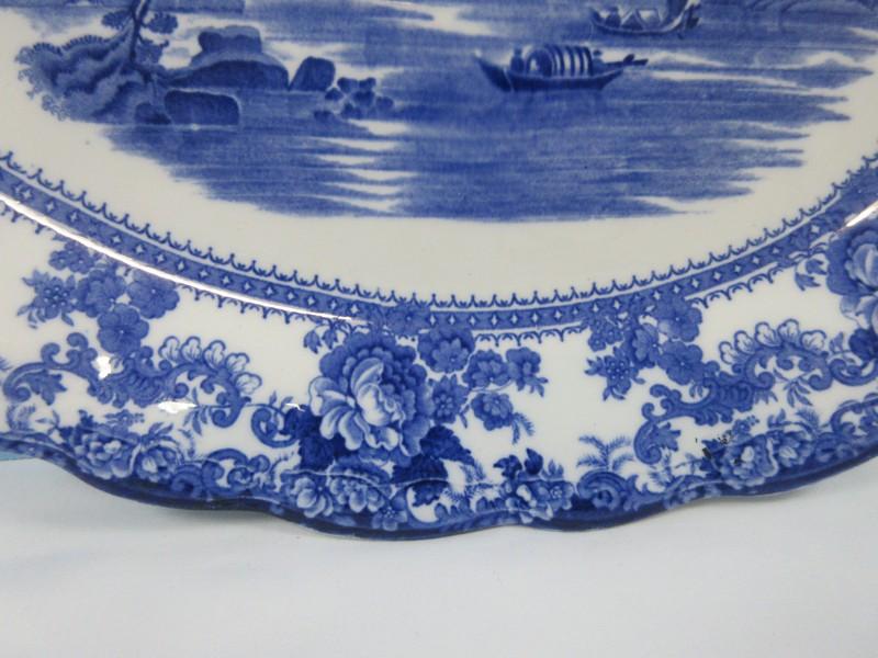 Colonial Pottery Togo Cobalt Blue Village Water Center Scene Floral Rim 12 1/8" Coupe Oval