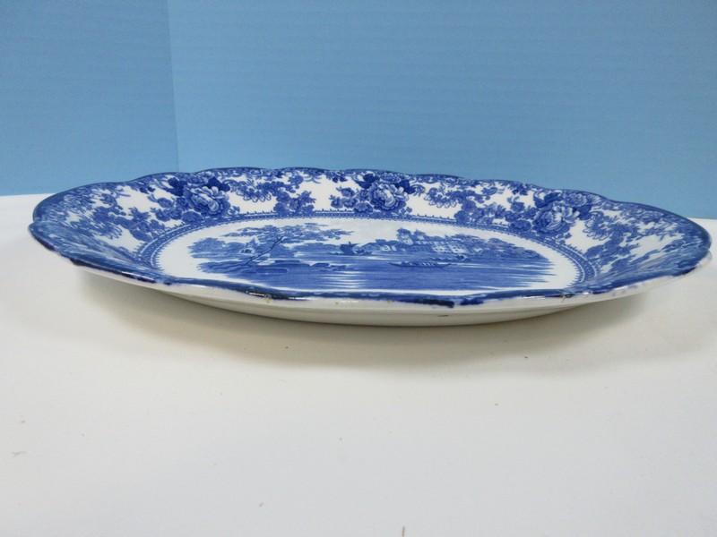 Colonial Pottery Togo Cobalt Blue Village Water Center Scene Floral Rim 12 1/8" Coupe Oval