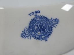 Colonial Pottery Togo Cobalt Blue Village Water Center Scene Floral Rim 12 1/8" Coupe Oval