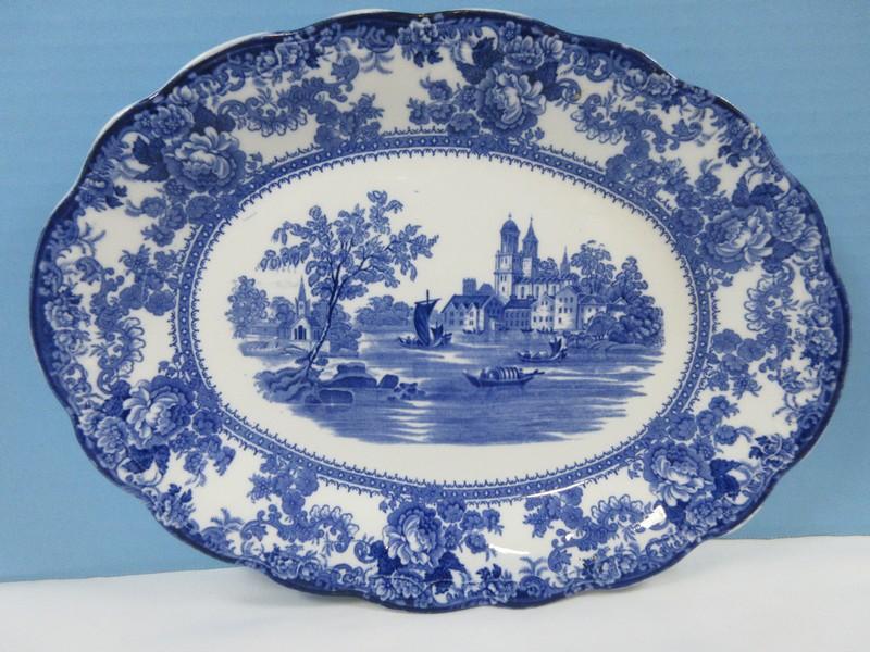 Colonial Pottery Togo Cobalt Blue Village Water Center Scene Floral Rim 12 1/8" Coupe Oval