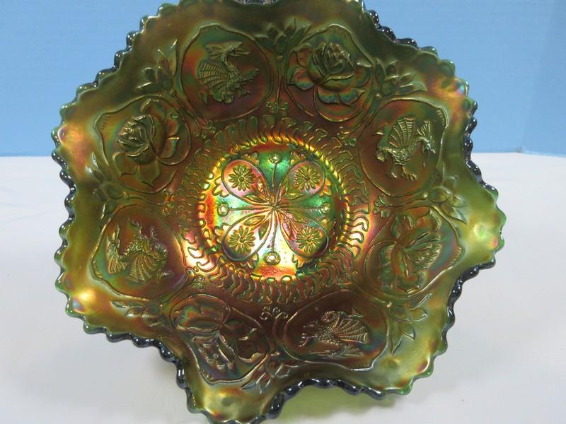 Authentic Reissue Carnival Glass by Imperial Green Carnival Glass, Dragon & Lotus Pattern 7 3/4"