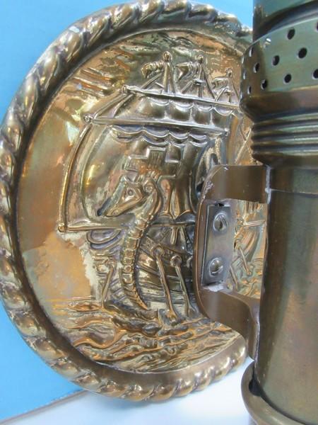 Rare Pair Peerage Embossed Viking Sailing Ship 6 1/2" Round Plate Wall Plaque w/Attached Brass