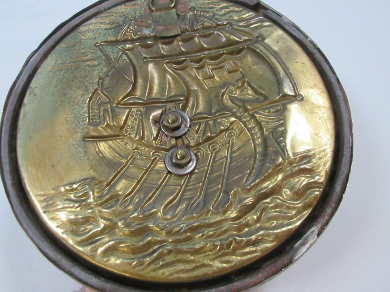 Rare Pair Peerage Embossed Viking Sailing Ship 6 1/2" Round Plate Wall Plaque w/Attached Brass
