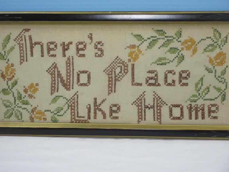 Charming Early Cross Stitch "There's No Place Like Home" in Eastlake Frame Gilt Trim/Early