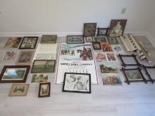 Lot Misc Vintage Framed Prints, Wood Frames, Wall Calendar, "That's Bully", Apple Blossom etc.