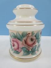 White Milk glass Apothecary Jar & Lid Hand Painted Pink Rosebuds & Foliage Spray Gilt Trim