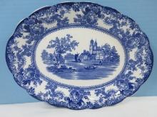 Colonial Pottery Togo Cobalt Blue Village Water Center Scene Floral Rim 12 1/8" Coupe Oval