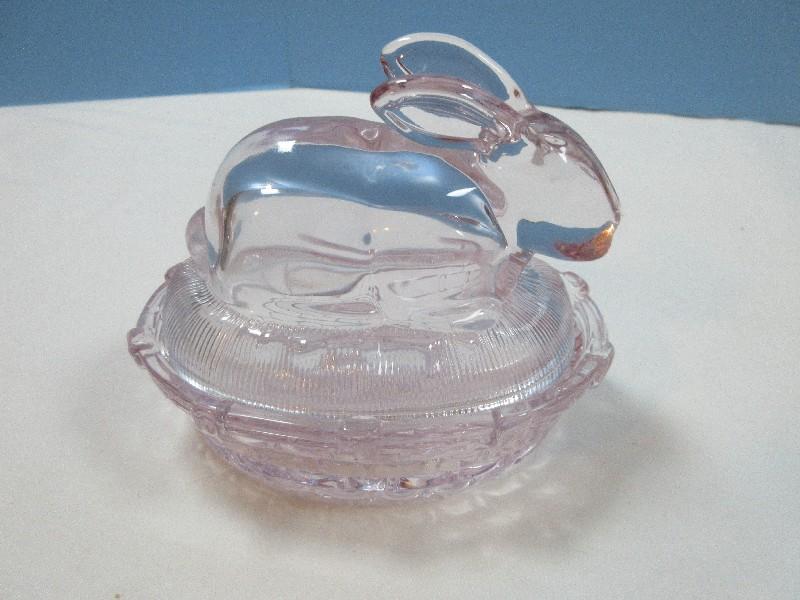 Charming Pink Pressed Glass Bunny Rabbit on Nest Candy Dish Approx 4 1/2"H