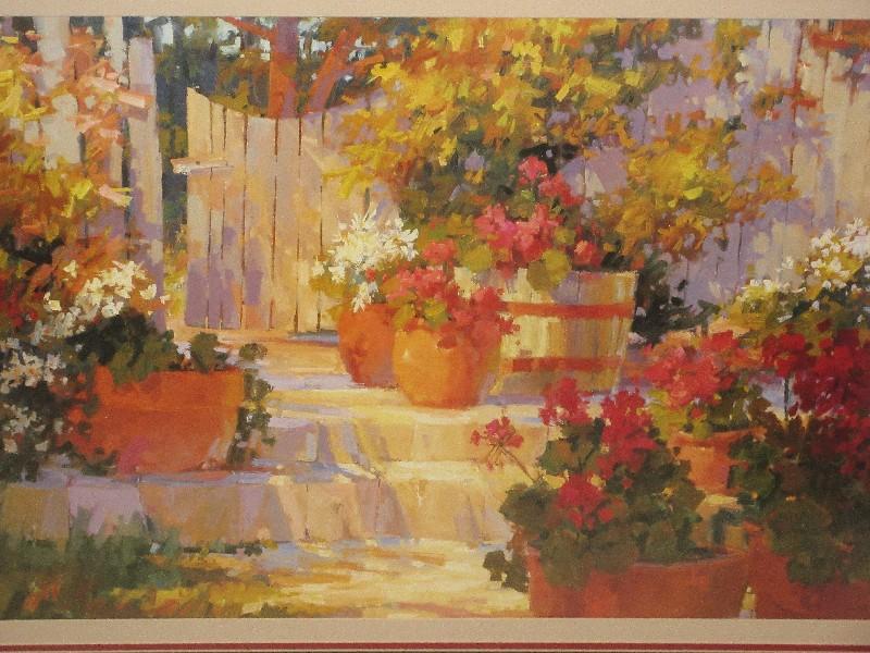Titled "Patio Pots" Colorful Patio & Gate Impressionist Fine Art Print by Steve Songer in Gilt