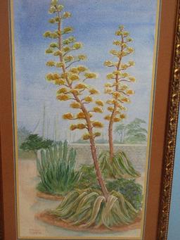 Titled "Monterey" Botanical Original Watercolor Artist Signed Pribel in Ornately Embellished