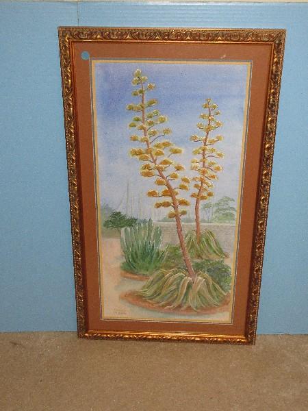 Titled "Monterey" Botanical Original Watercolor Artist Signed Pribel in Ornately Embellished