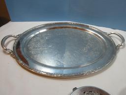Silverplate 17" Oval Serving tray Engraved Camille Pattern, 6" Reed & Barton Trivet,