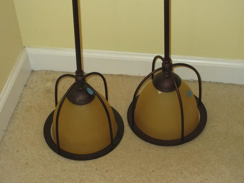 Pair Post Modern Pendant Lighting 52" Rod & Cage w/Amber Frosted Glass Shades