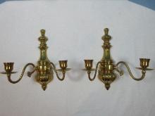 Regal Pair of Brass French Inspired Candlestick Wall Scones Double Arm w/Wax Drip Pan