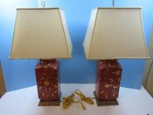 Opulent Pair Chinoiserie Chinese Gilt Flowering Vines Design 28" Table Lamps Square Vase