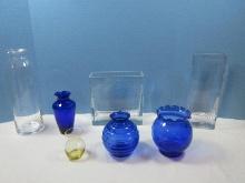 Lot Glass Vases Post Modern 8"/11", Blown Glass 12" Cylinder w/Flared Rim, 3 Cobalt Blue