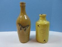 2 Stoneware Bottles Incised Butterfly Design 10 1/2" & Stamped mark #5 Circle Yellow Rustic