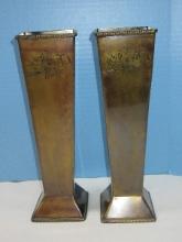 Pair Metal Mid Century Style 11" Vases Engraved Floral Spray w/Rope Bead Trim Antiqued