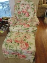 Occasional Arm Chair w/matching Ottoman Pink Stem Rosebuds Upholstery & Pleated Skirt