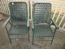 Pair Patio Lawn Green Folding Chairs Woven Lattice Design Back/Seat
