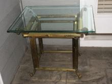 Classic Hollywood Regency Style Brass Finish End Table w/Beveled Thick Green Glass Top