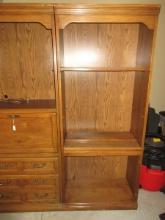 3pc Oak Thomasville Furniture Dropleaf Desk Center Base Drawers Flanked by Bookcases