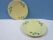 2 Bordallo Pinheiro Shamrock Pattern Green Clover on Cream Basket Weave 8 3/8" Salad Plates