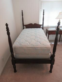 Early Solid Mahogany Twin Size Federal Style 4 Poster Bed Carved Foliage Post w/Pine Side Rails