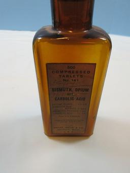 Early Amber Glass Parke, Davis & Co. Pharmacy Bottles Apothecary 500 Compressed Tablets