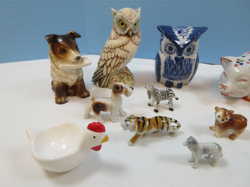 Lot Misc Figurines Small Bone China Porcelain Animals, Dogs, Cub Bears, Tiger, 2/5"H Multicolor