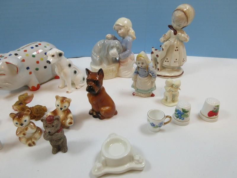 Lot Misc Figurines Small Bone China Porcelain Animals, Dogs, Cub Bears, Tiger, 2/5"H Multicolor