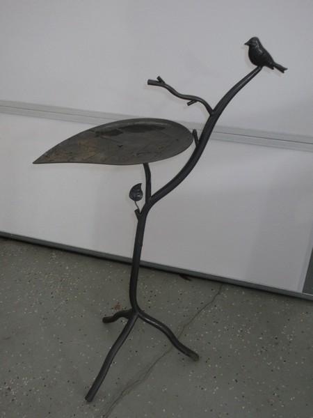 Metal Garden Branch Stand Leaf Bird Feeder w/Perched Figural Greeter Bird- 34"H