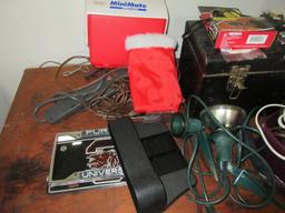 Lot Tool Box w/Misc Tools, Drop Cords, Igloo Mini Mate Cooler, String, Flood Lights etc.