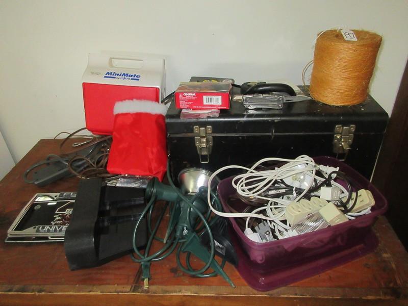 Lot Tool Box w/Misc Tools, Drop Cords, Igloo Mini Mate Cooler, String, Flood Lights etc.