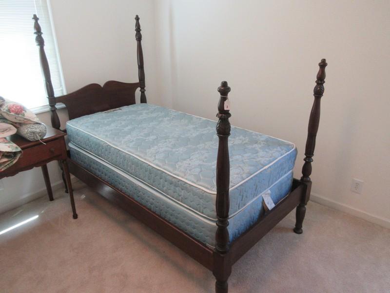 Early Solid Mahogany Twin Size Federal Style 4 Poster Bed Carved Foliage Post w/Pine Side Rails