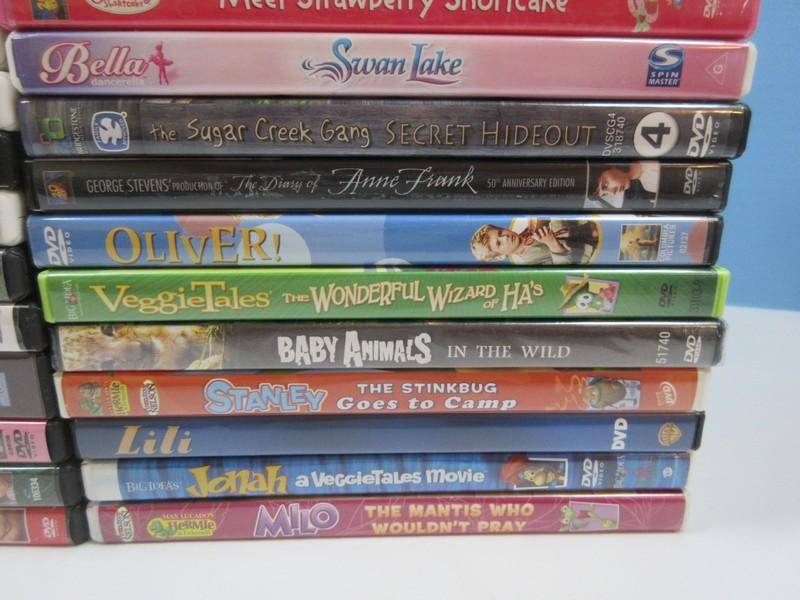 34 Kids DVD's-Veggie Tales, Charlotte's Web, Dora The Explorer, Max Lucado etc.