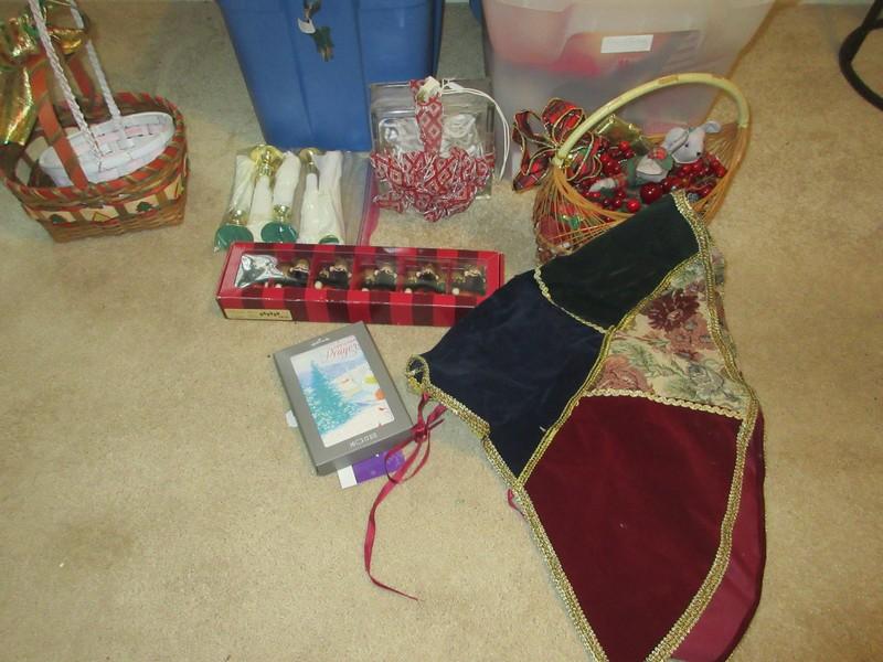 Lot 2 Totes w/Misc Christmas Decorations Set of 6 Nutcracker Figure Placecard Holders, Stockings