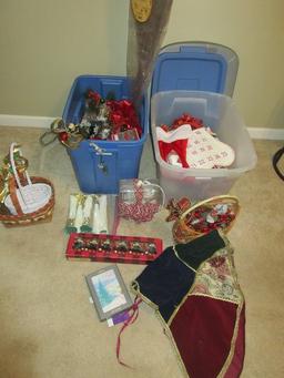 Lot 2 Totes w/Misc Christmas Decorations Set of 6 Nutcracker Figure Placecard Holders, Stockings