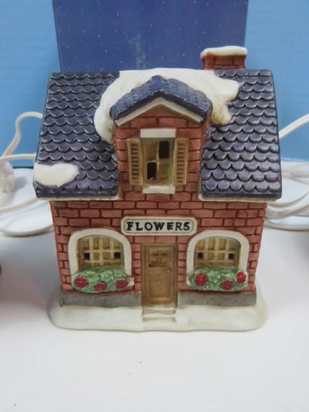 Lot 3 Porcelain Bisque Home Town America/Olde Towne Villages Lighted Buildings "Flowers"