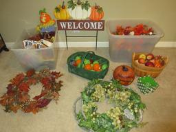 Lot Misc Fall/Halloween Decorations Wreath, Welcome Tin Pumpkins Sign Harvest Blessings