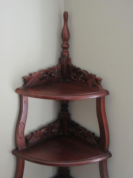 Mahogany Corner Etagere Display Heavily Carved Scroll Foliage & Finial-Approx 64"H