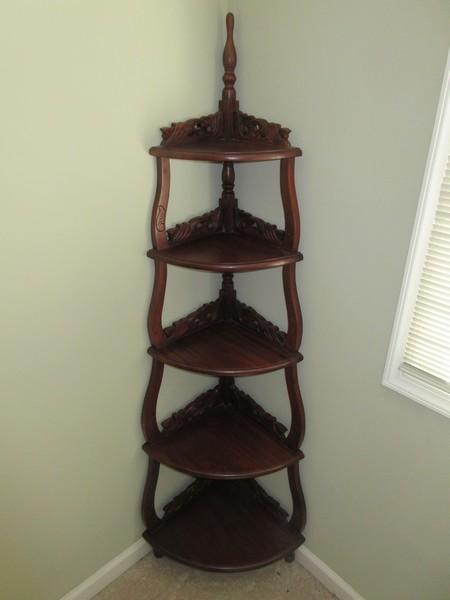Mahogany Corner Etagere Display Heavily Carved Scroll Foliage & Finial-Approx 64"H