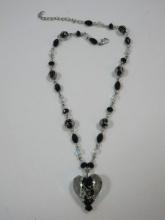 Beautiful Art Glass Heart Pendant Necklace Choker Beads & Link Chain- 18 1/4"L